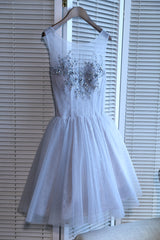 Light Grey Tulle Round Neckline Short Party Dresses, Grey Homecoming Dresses Light Grey Tulle Round Neckline Short Party Dresses, Grey Homecoming Dresses