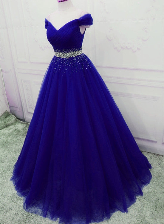 Elegant Royal Blue Tulle Sequins Prom Dress 2020, A-line Long Party Dr Cutedressy Elegant Royal Blue Tulle Sequins Prom Dress 2020, A-line Long Party Dr Cutedressy