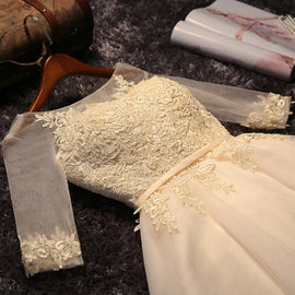 Light Champagne Round Neckline 1/2 Sleeves Tulle Party Dress, Lovely Teen Party Dresses