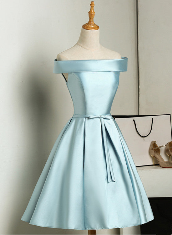 Beautiful Simple Blue Knee Length Satin Off Shoulder Homecoming Dress, Blue Formal Dress