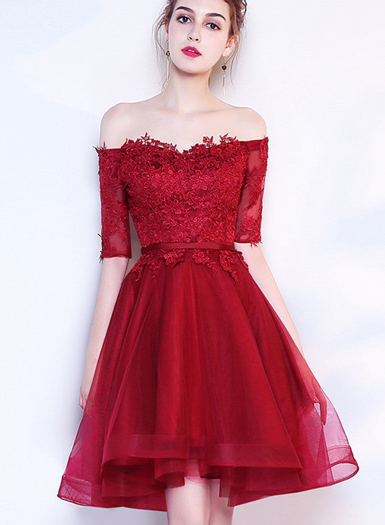 Wine Red Tulle Short Sleeves Tea Length Party Dress with Lace, Dark Re –  Cutedressy