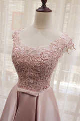 Beautiful Light Pink Round Neckline High Low Lace and Satin Prom Dress, Pink Homecoming Dresses Beautiful Light Pink Round Neckline High Low Lace and Satin Prom Dress, Pink Homecoming Dresses