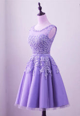 Purple Short Tulle Beaded Round Neckline Knee Length Party Dress, Junior Prom Dress Purple Short Tulle Beaded Round Neckline Knee Length Party Dress, Junior Prom Dress