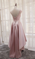 Beautiful Light Pink Round Neckline High Low Lace and Satin Prom Dress, Pink Homecoming Dresses Beautiful Light Pink Round Neckline High Low Lace and Satin Prom Dress, Pink Homecoming Dresses