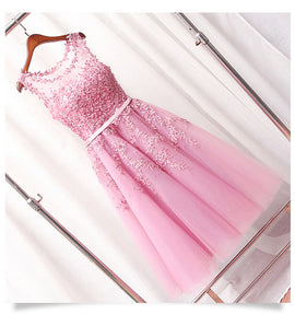 Pink Tea Length Formal Dress, Lace Applique Party Dresses