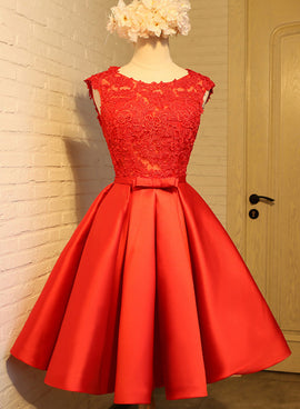 Red Lace Knee Length Party Dress , Cute V Back Formal Dress, Teen Homecoming Dresses