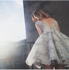 Light Grey Lace Homecoming Dress, V-neckline Formal Dress Light Grey Lace Homecoming Dress, V-neckline Formal Dress