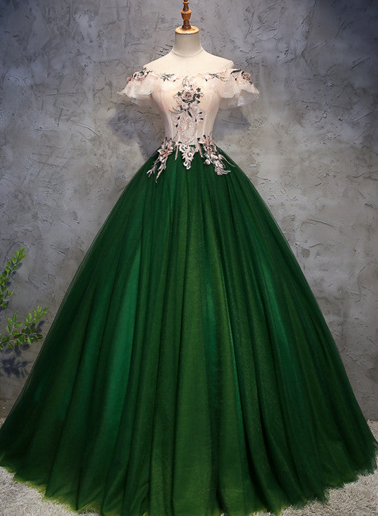 Dark Green Off Shoulder Tulle Long Party Dress, Sweet 16 Dress Cutedressy Dark Green Off Shoulder Tulle Long Party Dress, Sweet 16 Dress Cutedressy