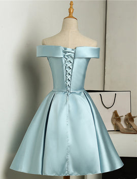 Beautiful Simple Blue Knee Length Satin Off Shoulder Homecoming Dress, Blue Formal Dress