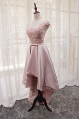 Beautiful Light Pink Round Neckline High Low Lace and Satin Prom Dress, Pink Homecoming Dresses Beautiful Light Pink Round Neckline High Low Lace and Satin Prom Dress, Pink Homecoming Dresses