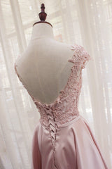 Beautiful Light Pink Round Neckline High Low Lace and Satin Prom Dress, Pink Homecoming Dresses Beautiful Light Pink Round Neckline High Low Lace and Satin Prom Dress, Pink Homecoming Dresses