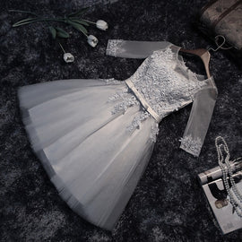 Grey Short Sleeves Bridesmaid Dresses, Grey Short Prom Dress