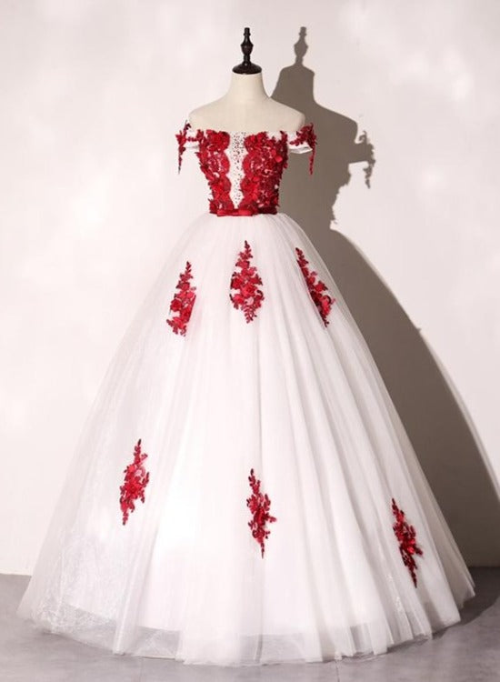 red and white dresses for prom White Tulle Scoop Long Formal Dress with Red Lace, Lovely Red Formal D – Cutedressy