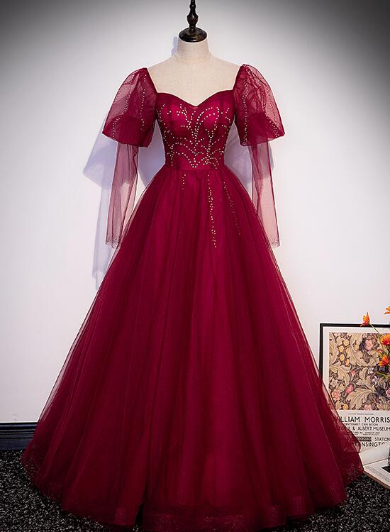 Wine Red Long Sleeves Tulle Evening Gown Prom Dress, Dark Red Beaded P Cutedressy Wine Red Long Sleeves Tulle Evening Gown Prom Dress, Dark Red Beaded P Cutedressy