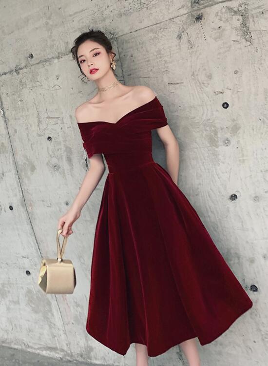 Wine Red Off Shoulder Chic Sweetheart Tea Length Party Dress,Velvet Ev Cutedressy Wine Red Off Shoulder Chic Sweetheart Tea Length Party Dress,Velvet Ev Cutedressy