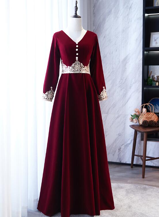 Wine Red Velvet A-line Long Sleeves Bridesmaid Dress with Lace, Dark R Cutedressy Wine Red Velvet A-line Long Sleeves Bridesmaid Dress with Lace, Dark R Cutedressy