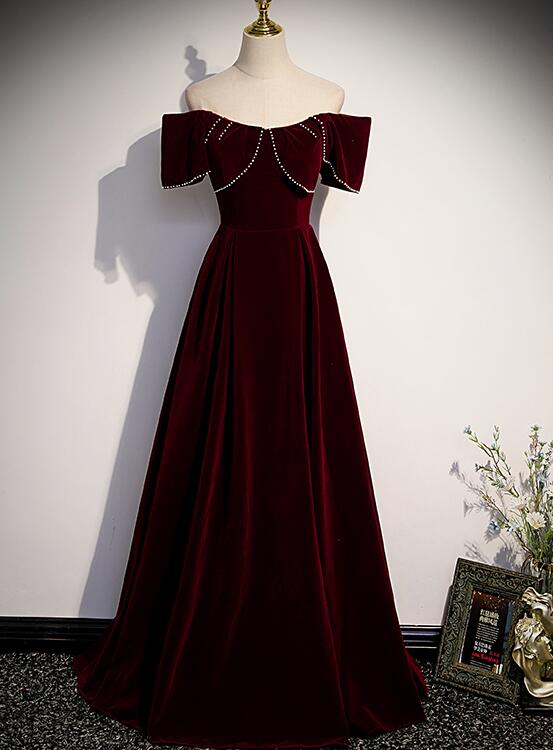 Wine Red Velvet Off the Shoulder Beaded Long Party Dress Prom Dress, D Cutedressy Wine Red Velvet Off the Shoulder Beaded Long Party Dress Prom Dress, D Cutedressy