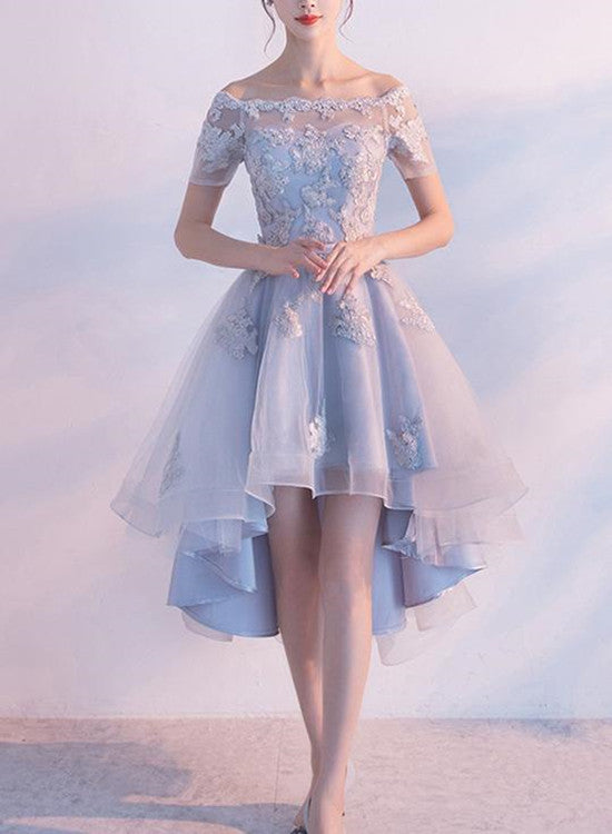 Grey High Low Lace Applique Round Neckline Prom Dresses, Homecoming Dr Cutedressy Grey High Low Lace Applique Round Neckline Prom Dresses, Homecoming Dr Cutedressy