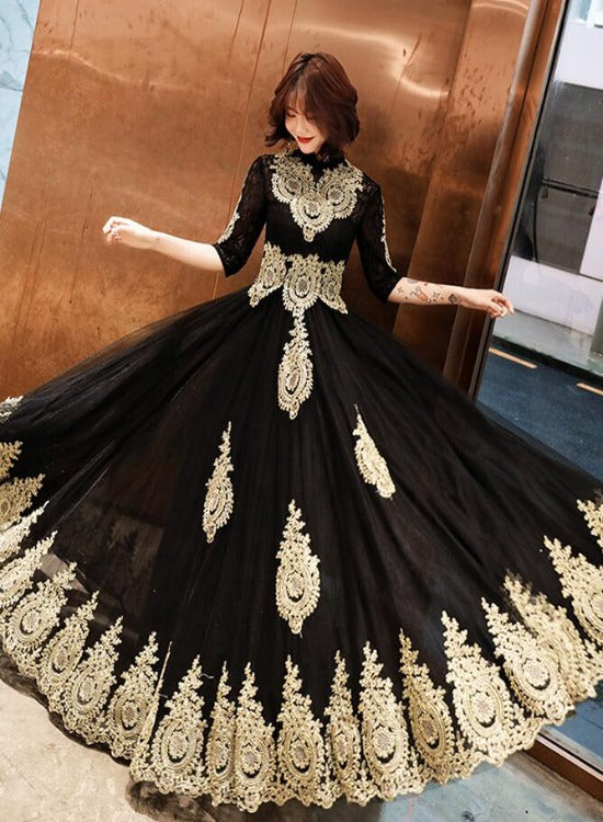Black Tulle 1/2 Sleeves with Gold Lace Applique Party Dress, Charming Cutedressy Black Tulle 1/2 Sleeves with Gold Lace Applique Party Dress, Charming Cutedressy