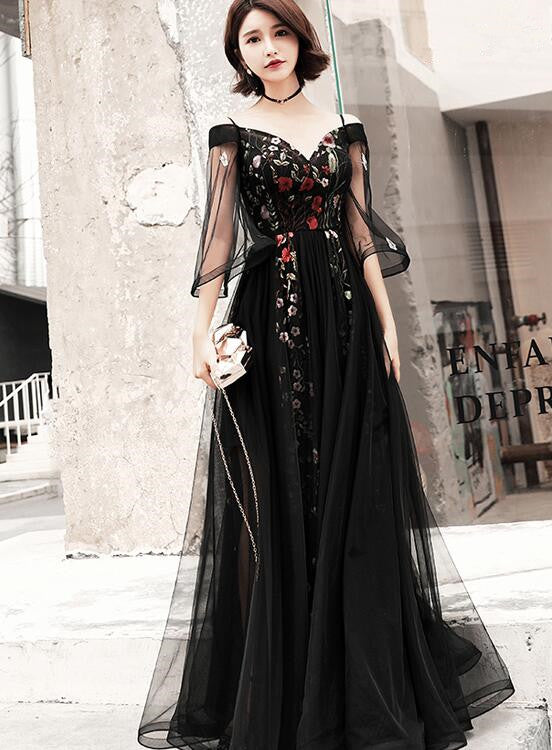 Black Floral Off Shoulder Floor Length Party Dress, Black Tulle Prom D Cutedressy Black Floral Off Shoulder Floor Length Party Dress, Black Tulle Prom D Cutedressy