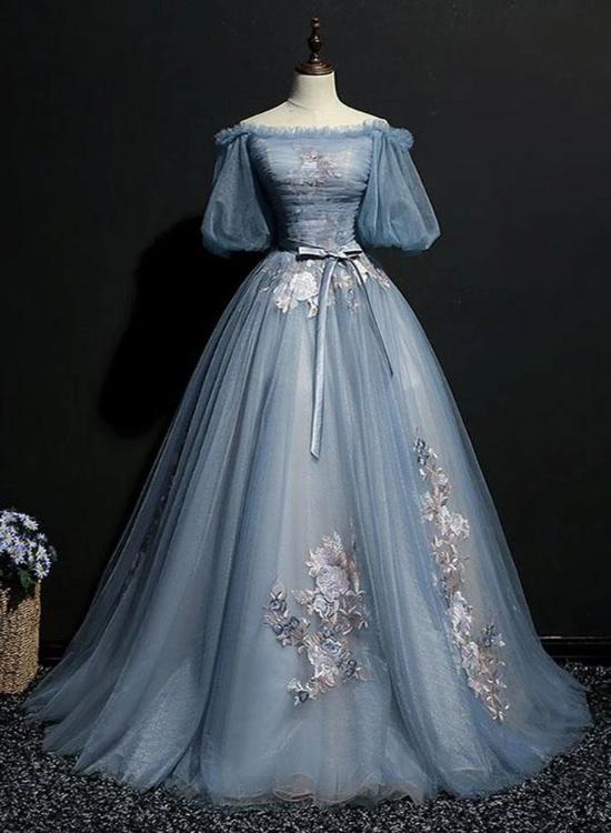 Charming Tulle Puffy Sleeves Long Formal Gown, Prom Dress Cutedressy Charming Tulle Puffy Sleeves Long Formal Gown, Prom Dress Cutedressy
