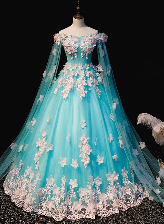 Mint Blue Tulle Embroidery Silk Flowers Quinceanera Dress, Blue Long B Cutedressy Mint Blue Tulle Embroidery Silk Flowers Quinceanera Dress, Blue Long B Cutedressy