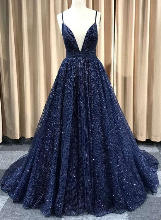 A Line V Neck Navy Blue Shiny Long Prom Dresses, Charming Blue Tulle P Cutedressy A Line V Neck Navy Blue Shiny Long Prom Dresses, Charming Blue Tulle P Cutedressy