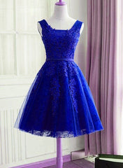 Royal Blue Lace Applique Tulle Knee Length Homecoming Dress, Charming Short Prom Dress Royal Blue Lace Applique Tulle Knee Length Homecoming Dress, Charming Short Prom Dress