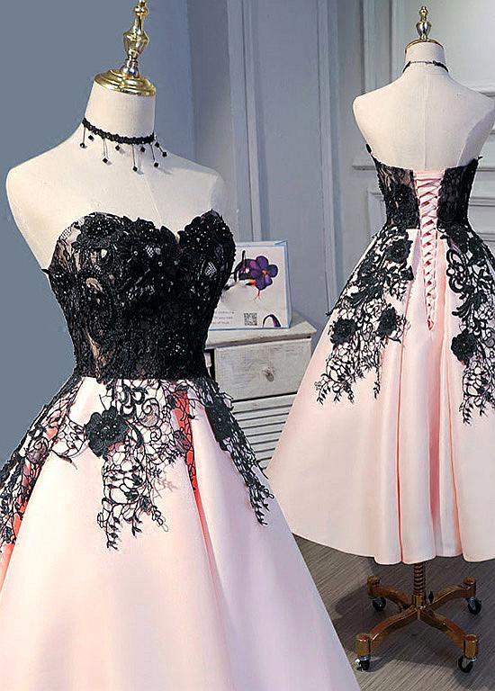 Cute Pearl Pink Tea Length Satin with Lace Applique Party Dress, Homec Cutedressy Cute Pearl Pink Tea Length Satin with Lace Applique Party Dress, Homec Cutedressy