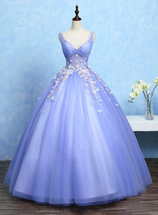 quince dresses light purple Cute Lavender Tulle Ball Gown V-neckline Sweet 16 Dresses, Light Purpl – Cutedressy