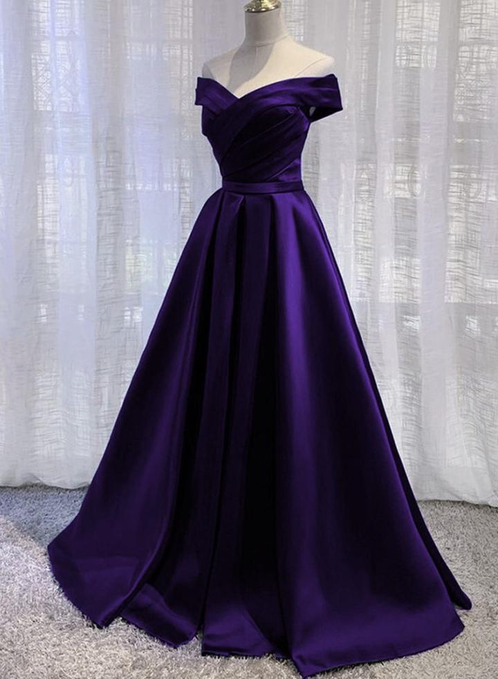 Simple Off Shoulder Satin Long Prom Dress, Dark Purple Party Dress Eve Cutedressy Simple Off Shoulder Satin Long Prom Dress, Dark Purple Party Dress Eve Cutedressy