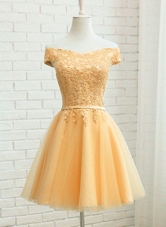 Champagne Tulle Short Lace Applique Bridesmaid Dress, Short Prom Dress Cutedressy Champagne Tulle Short Lace Applique Bridesmaid Dress, Short Prom Dress Cutedressy