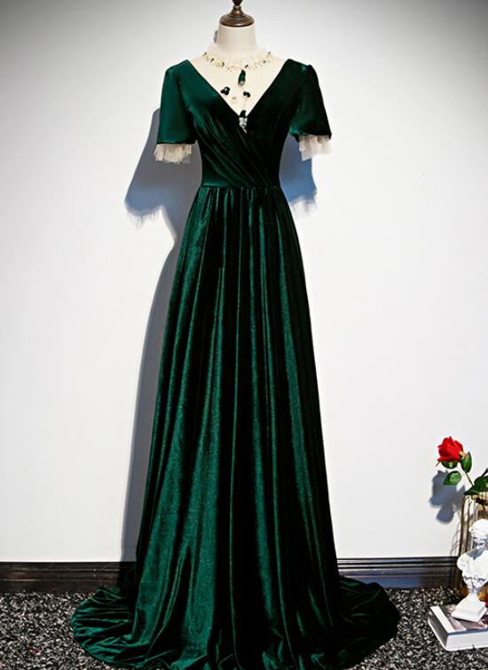 Dark Green Velvet Short Sleeves A-line Bridesmaid Dress, Long Prom Dre Dark Green Velvet Short Sleeves A-line Bridesmaid Dress, Long Prom Dre