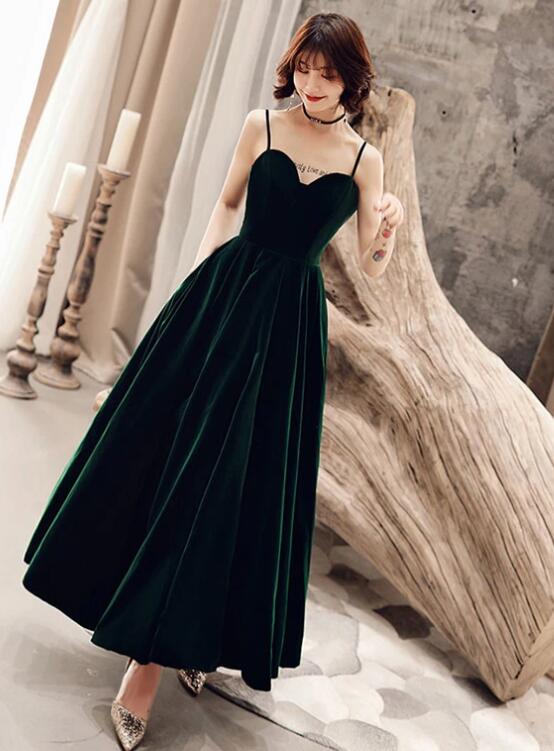 Dark Green V Back Long Velvet Elegant Party Dress, A-line Straps Bride Cutedressy Dark Green V Back Long Velvet Elegant Party Dress, A-line Straps Bride Cutedressy