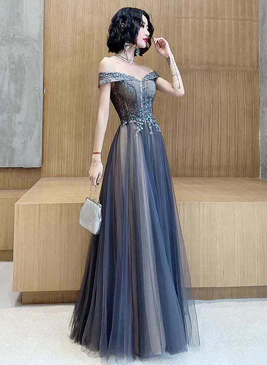 Dark Grey Tulle with Lace Applique Sweetheart Long Prom Dress, A-line Cutedressy Dark Grey Tulle with Lace Applique Sweetheart Long Prom Dress, A-line Cutedressy