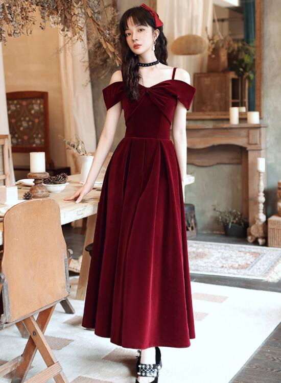 Wine Red Velvet Off Shoulder Long Evening Dress, Dark Red Party Dress Cutedressy