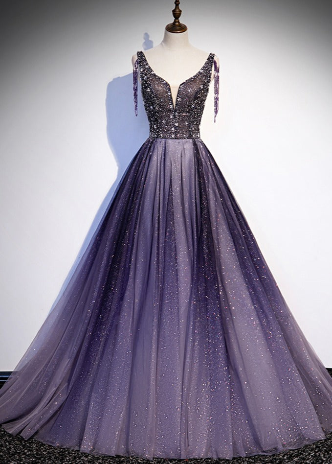 Charming Purple Gradient Tulle V-neckline Long Party Dress, A-line Pro Cutedressy Charming Purple Gradient Tulle V-neckline Long Party Dress, A-line Pro Cutedressy