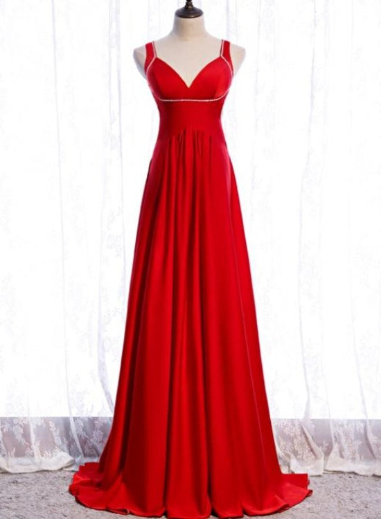 Chic Red Satin Beaded Floor Length Long Party Dress, Red Formal Dress Cutedressy Chic Red Satin Beaded Floor Length Long Party Dress, Red Formal Dress Cutedressy