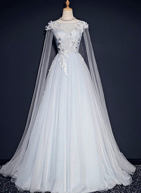 Light Blue Tulle Long Party Gown with Lace Applique, Unique Long Prom Cutedressy Light Blue Tulle Long Party Gown with Lace Applique, Unique Long Prom Cutedressy