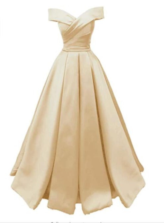 Champagne Satin Off Shoulder Satin A-line New Style Party Dress, Long – Cutedressy