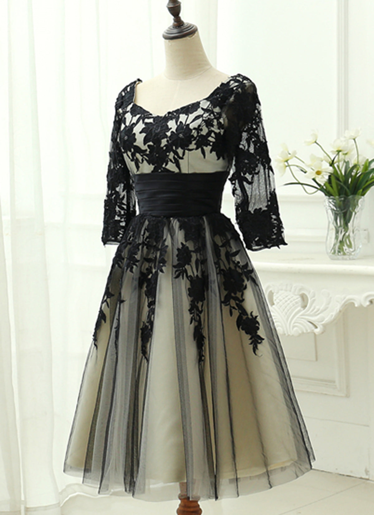 Elegant Black Tea Length Bridesmaid Dress, Wedding Party Dress Cutedressy Elegant Black Tea Length Bridesmaid Dress, Wedding Party Dress Cutedressy
