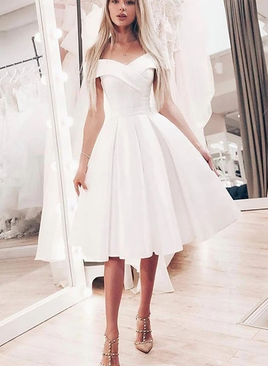 White Satin Short Simple Party Dress, A-line Short Prom Dress Cutedressy White Satin Short Simple Party Dress, A-line Short Prom Dress Cutedressy