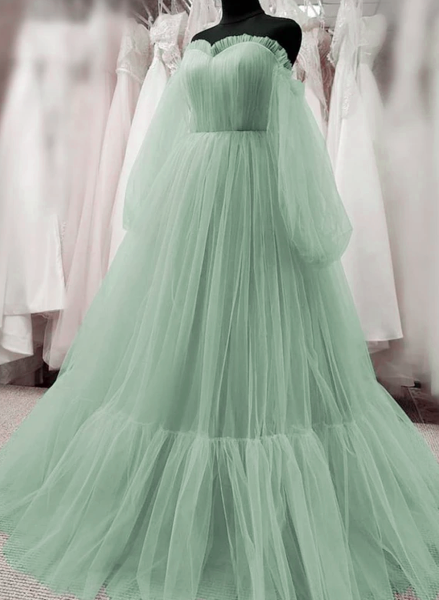Light Green Puffy Sleeves Tulle Long Formal Dress, Light Green Prom Dr Cutedressy Light Green Puffy Sleeves Tulle Long Formal Dress, Light Green Prom Dr Cutedressy