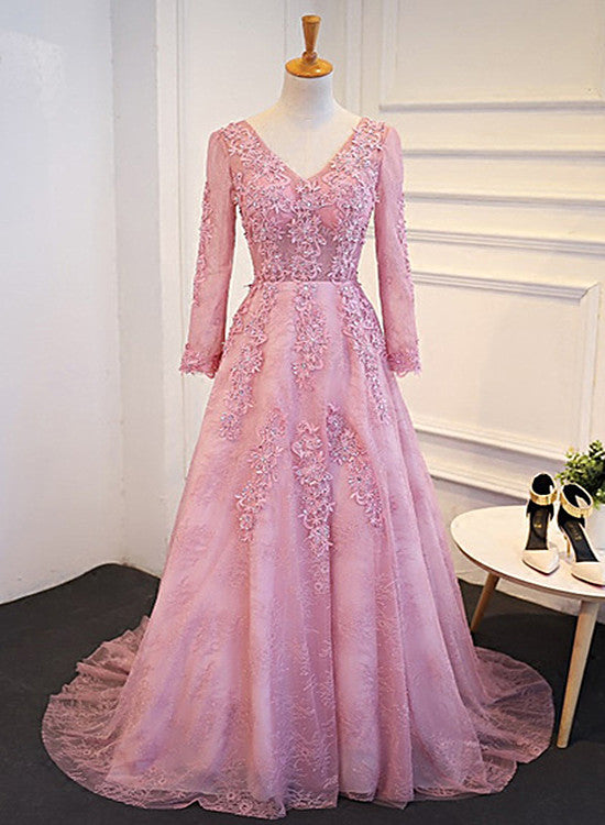 Pink Long Sleeves Lace Party Dress, Pink Prom Dress Cutedressy Pink Long Sleeves Lace Party Dress, Pink Prom Dress Cutedressy