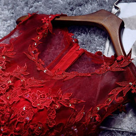 Adorable Tulle Round Neckline Tulle Party Dress with Applique, Wine Red Prom Dress