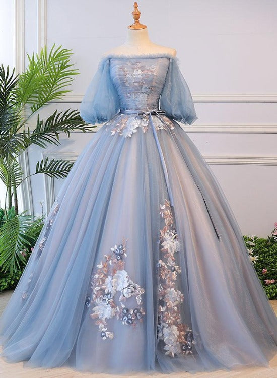Blue Tulle Floral Off Shoulder Princess Formal Dress, Blue Sweet 16 Dr Cutedressy Blue Tulle Floral Off Shoulder Princess Formal Dress, Blue Sweet 16 Dr Cutedressy