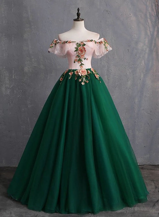 Green Puffy Tulle with Pink Floral Top Evening Dress Party Dress, Gree Cutedressy Green Puffy Tulle with Pink Floral Top Evening Dress Party Dress, Gree Cutedressy