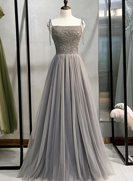 Grey Tulle Beaded Straps A-line Long Formal Dress, New Prom Dress Part Cutedressy Grey Tulle Beaded Straps A-line Long Formal Dress, New Prom Dress Part Cutedressy