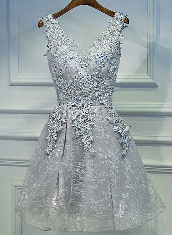 Light Grey Short V-neckline Lace Applique Party Dress, Grey Homecoming Cutedressy Light Grey Short V-neckline Lace Applique Party Dress, Grey Homecoming Cutedressy