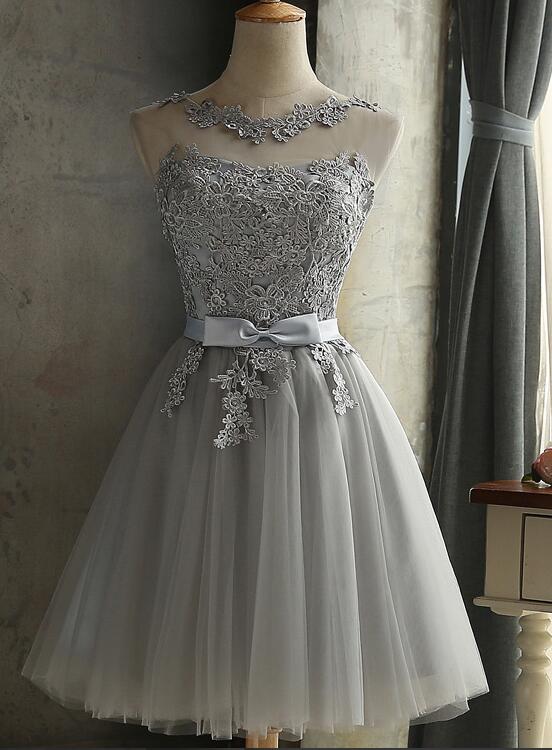 Beautiful Light Grey Tulle Short Party Dress, Grey Short Prom Dress Pa